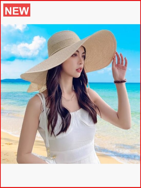 Wide Brim Straw Sun Hat with UPF 80+ Protection Foldable Travel